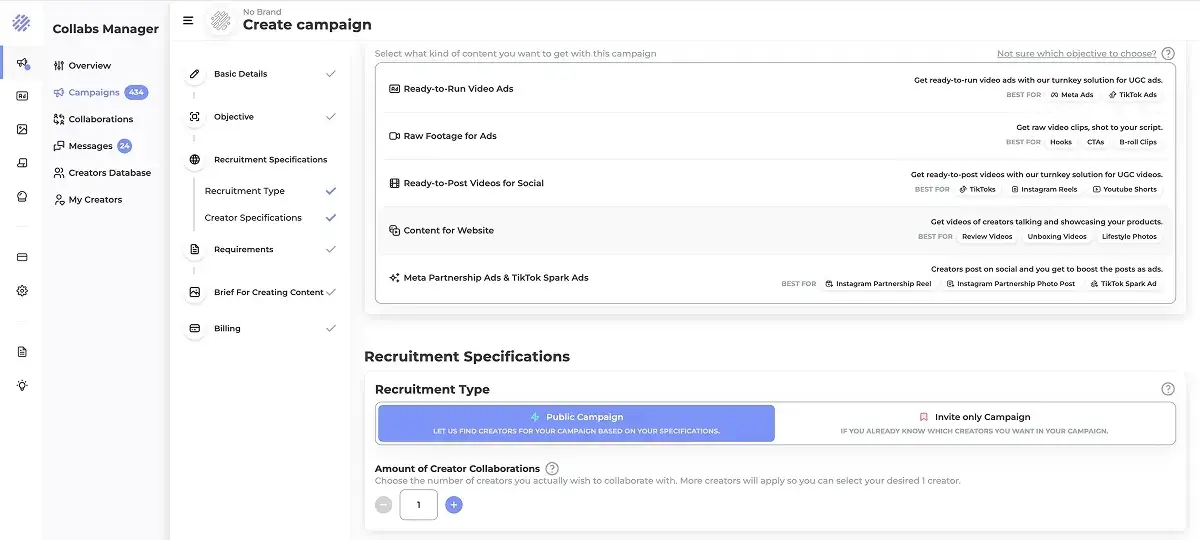 UGC creator campaign setup
